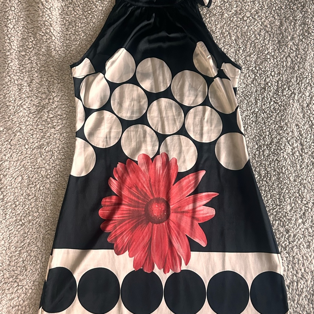 Black and White Halter Dress with Red Floral Design